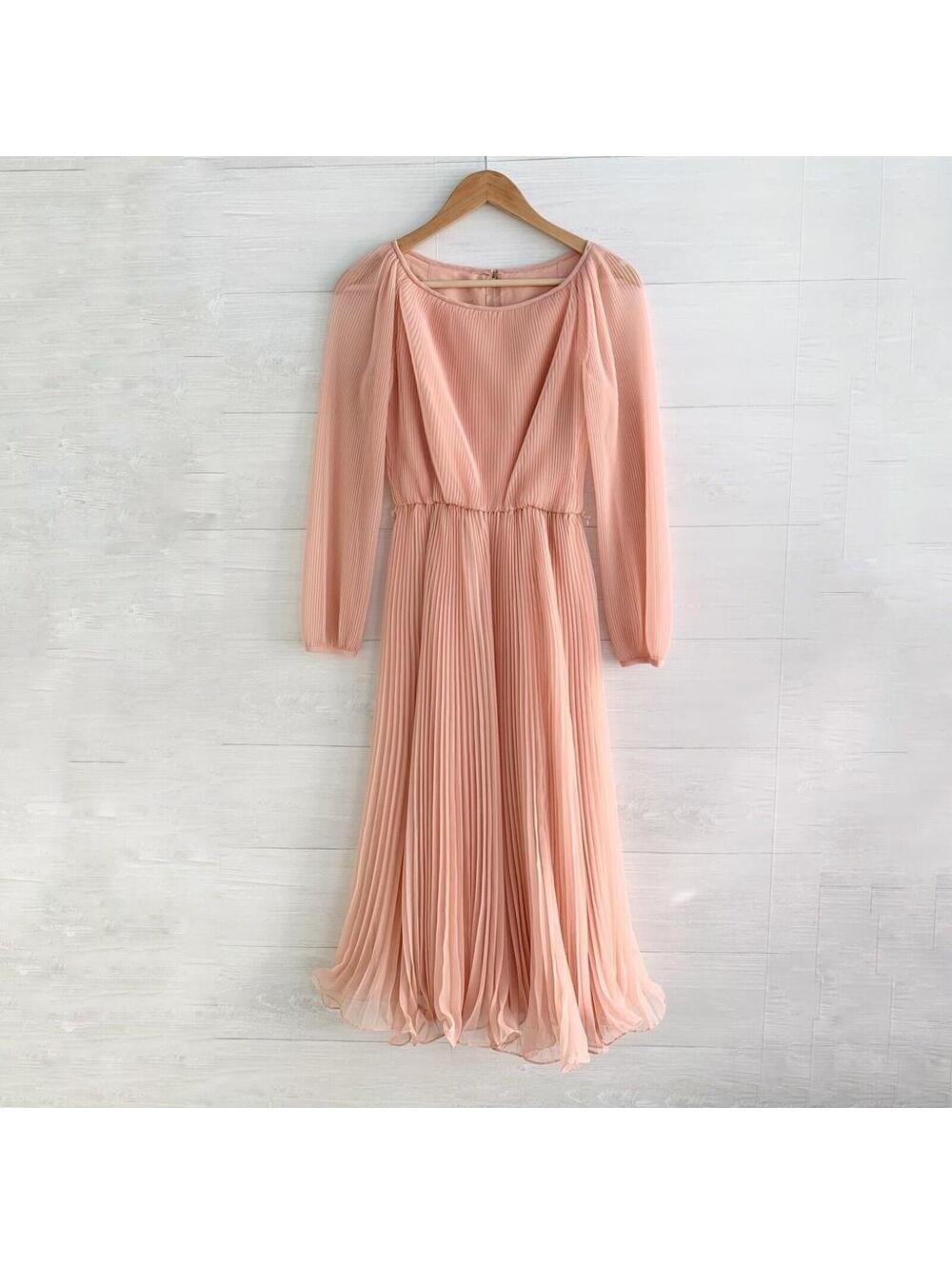 Vintage Miss Elliette California 70s Peach Pleated Chiffon Midi Dress Size 8